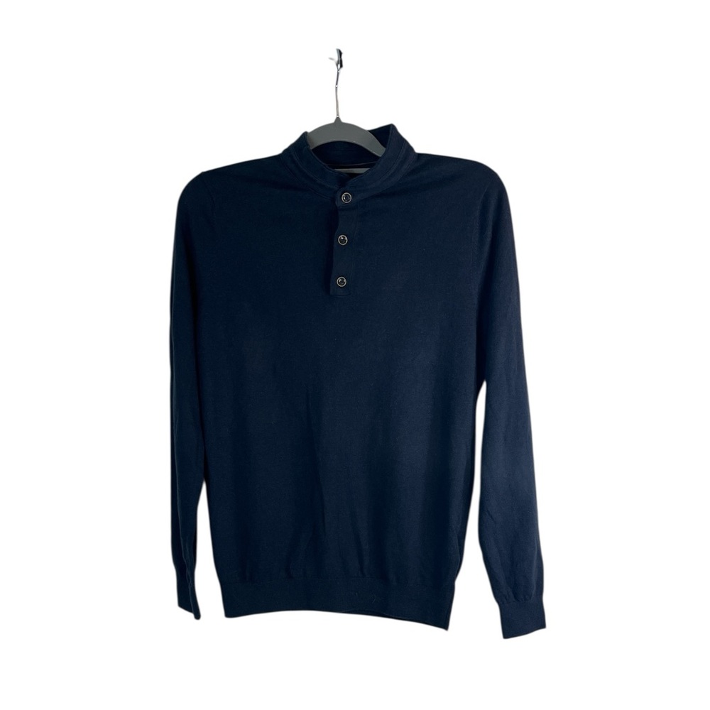 Massimo Dutti Mens Cotton Cashmere Sweater Small Navy Henley‎ Lightweight NWT